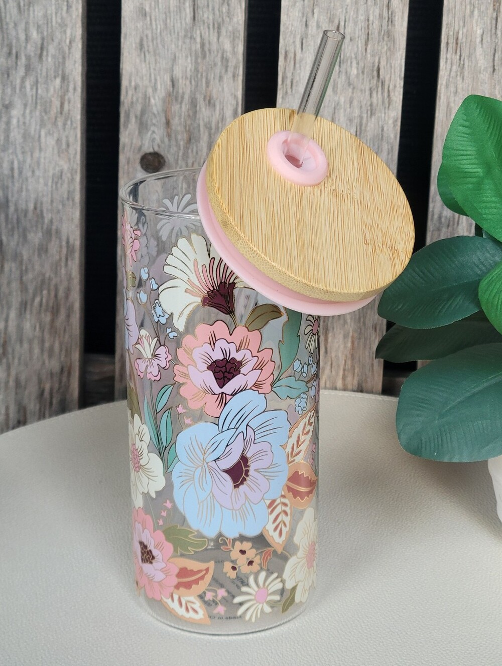 Clementine Floral Glass Tumbler with Bamboo Lid and Straw - Picture 2 of 9